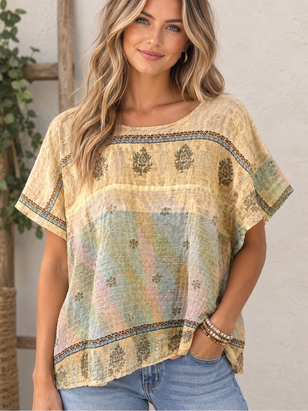 Upcycled Kantha Light Yellow tye dye Printed Women’s Tunic Top reversible